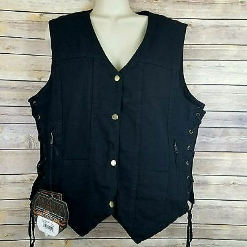 Conceal Carry Denim Biker Vest Womens Large Black